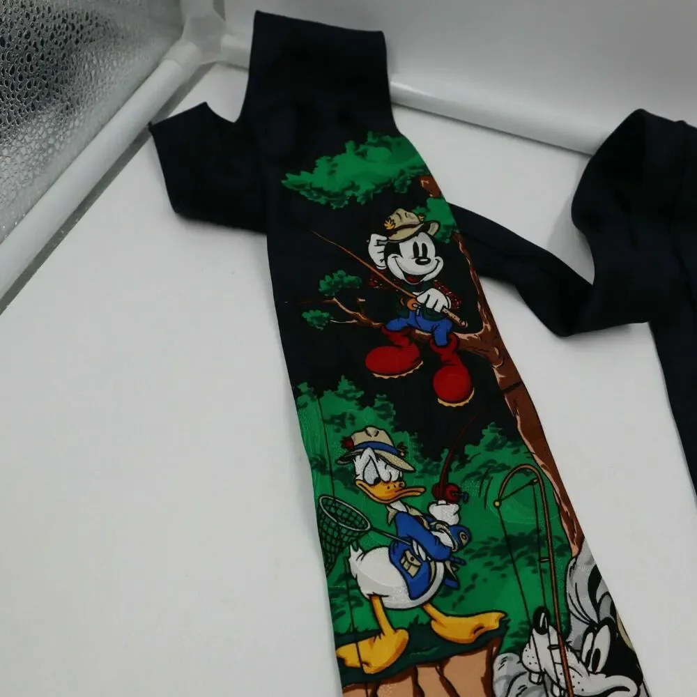 The Disney Store Suit Neck Tie Mickey Goofy Donald Fishing 100% Silk